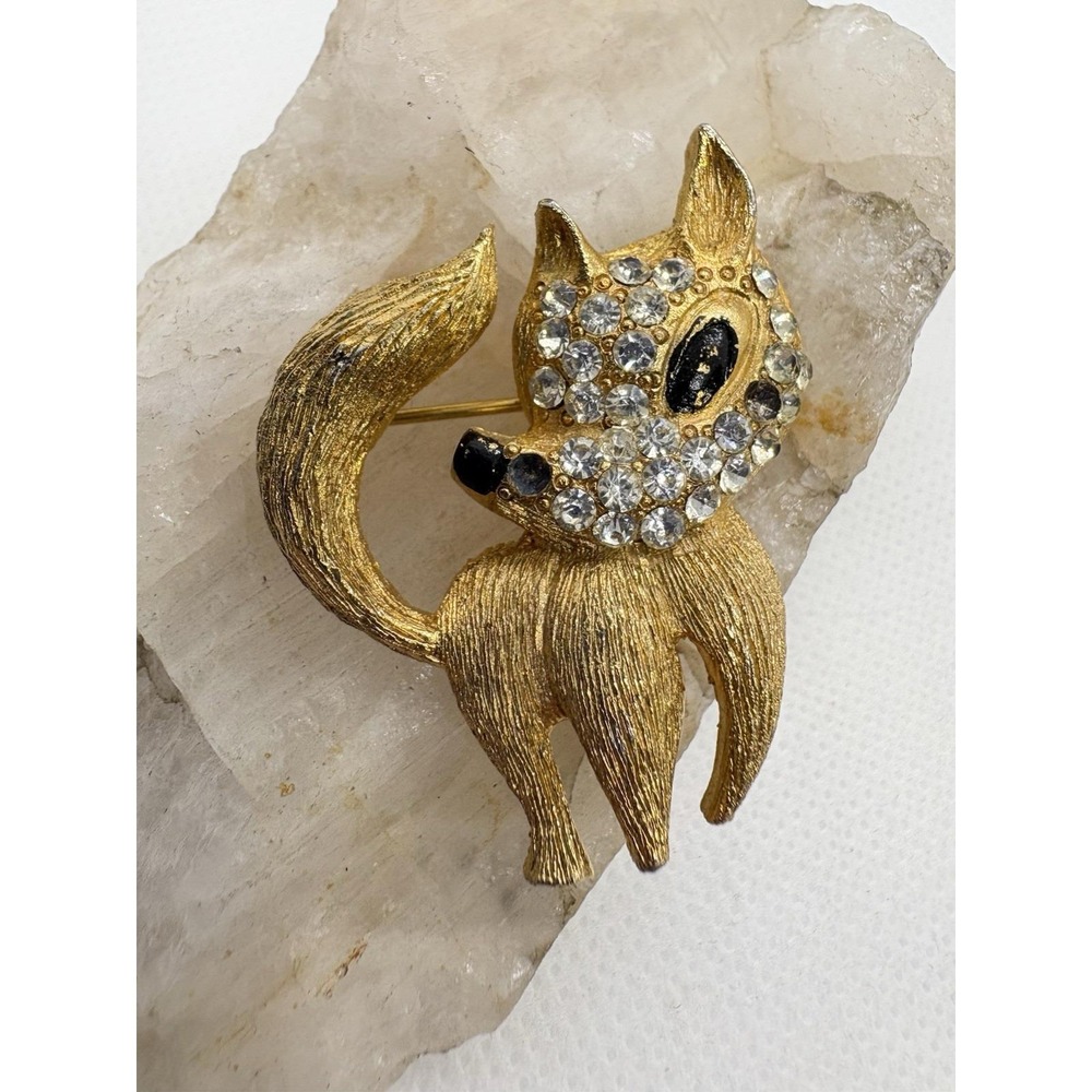 Vintage Gold Tone Rhinestone‎ Fox Brooch Pin Animal Figural Mid Century Style